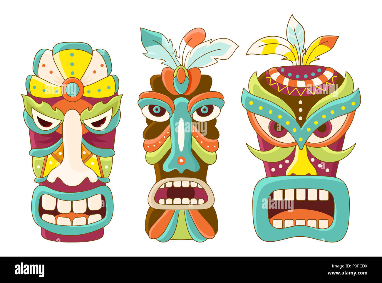 Raccolta di tiki maschera tribale. Adesivi per Scrapbooking. Template  vettoriale maschera per il messaggio di saluto, decorazioni,  congratulazioni in verde, marrone, blu, y Foto stock - Alamy