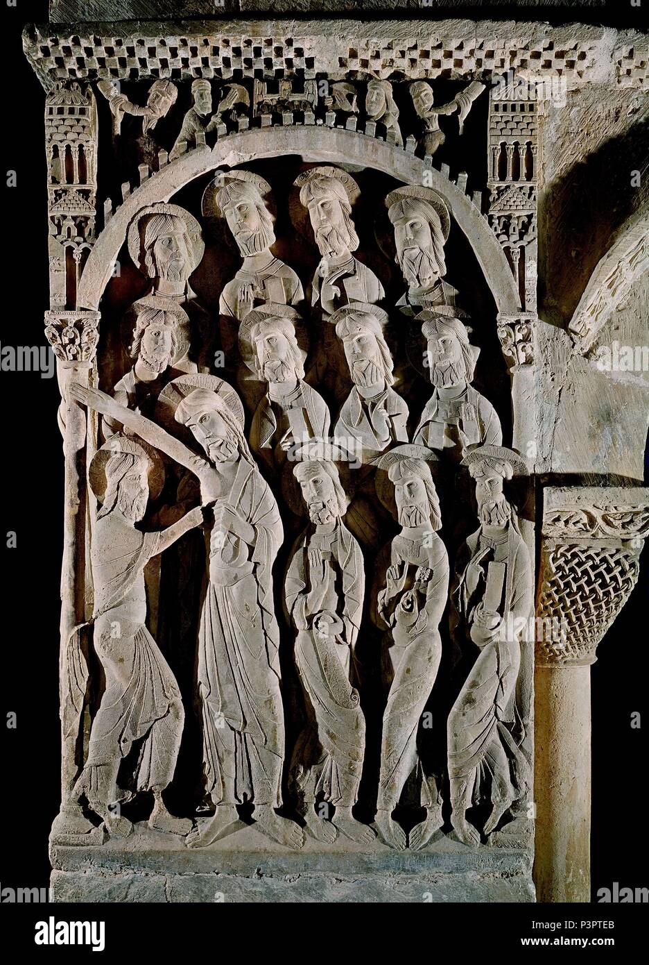 INCREDULIDAD de Santo Tomas - SIGLO XII - alleviare DEL MACHON DEL ANGULO NOROESTE DEL CLAUSTRO DE SILOS - romanico castellano. Posizione: MONASTERIO, Spagna. Foto Stock