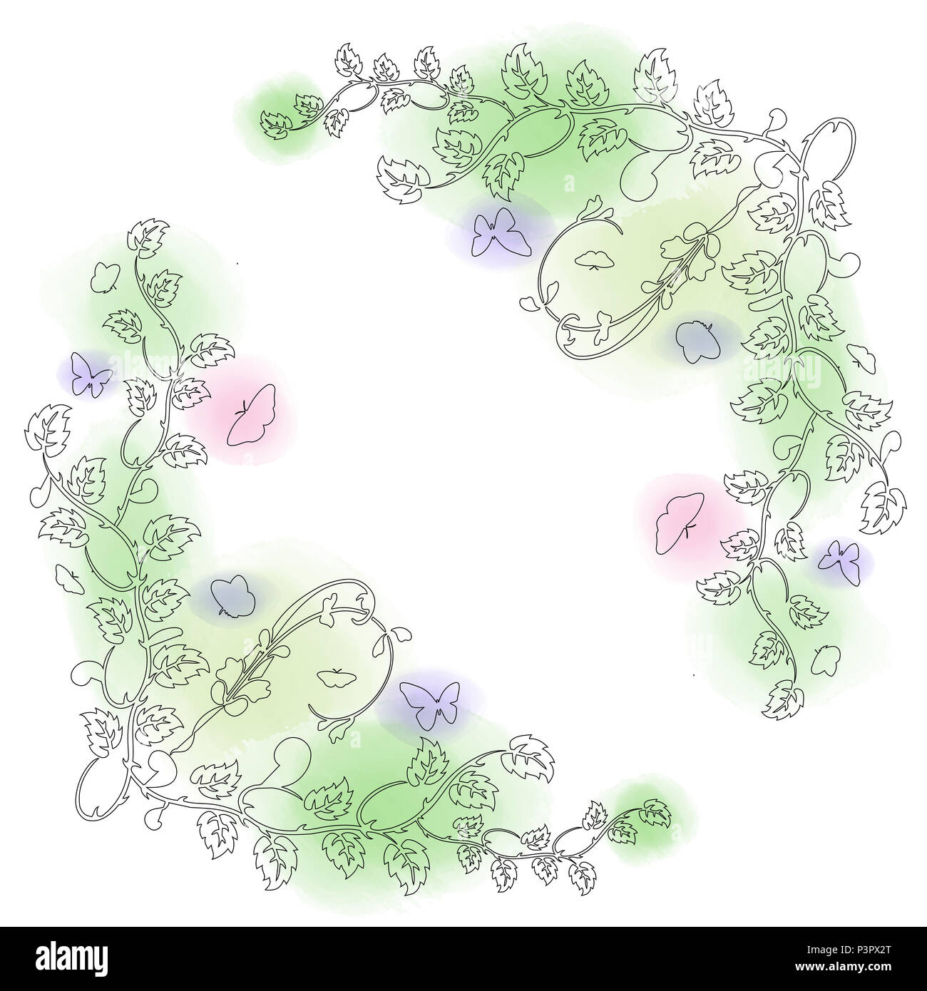 Decorativi disegnati a mano telaio con farfalle e vernice ad acquerello Foto Stock