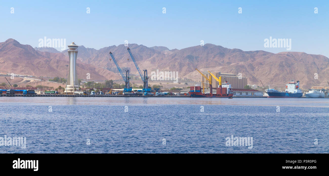 Panorama di Aqaba Port, Golfo di Aqaba il Regno hascemita di Giordania Foto Stock