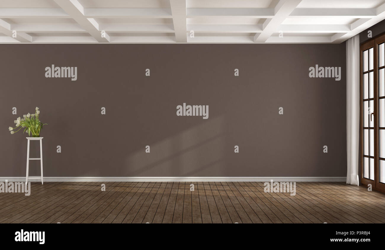 Svuotare la camera marrone con finestra e bianco soffitto a cassettoni - 3d rendering Foto Stock