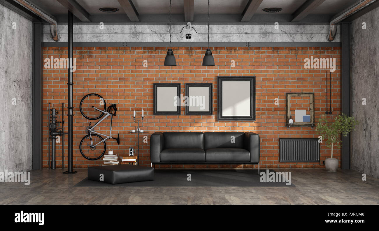 Soggiorno in un soppalco con divano nero contro un muro di mattoni - il rendering 3D Foto Stock