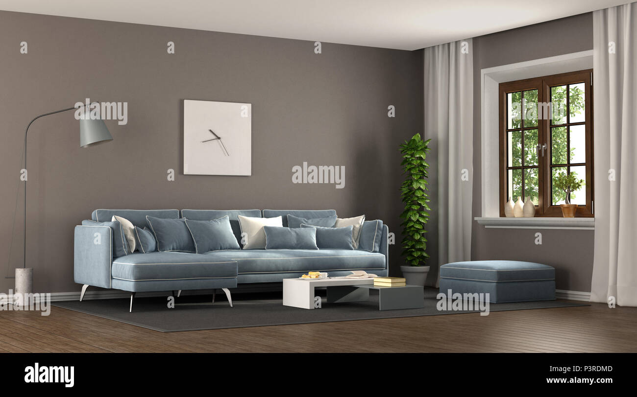 Marrone e blu elegante soggiorno con angolo divano e finestra in legno - 3d rendering Foto Stock