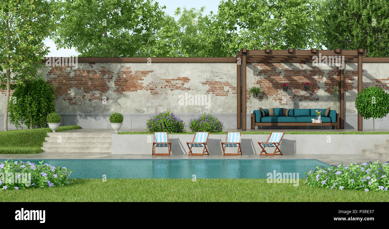 Giardino con grande piscina,sdraio e divani blu sotto una pergola in legno - 3d rendering Foto Stock