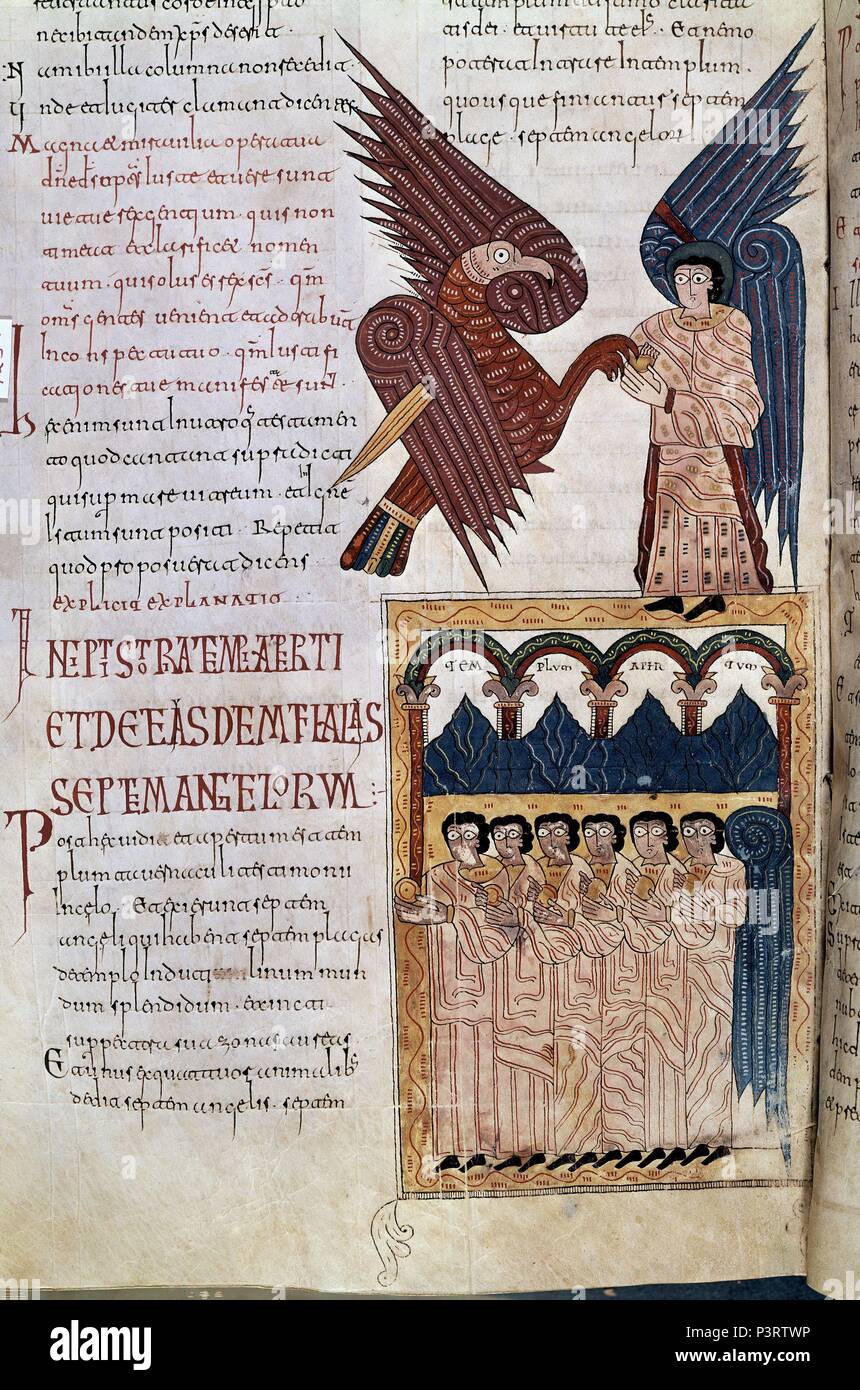 COMENTARIOS AL APOCALIPSIS DE SAN JUAN-17-EL SEPTIMO ANGELO RECIBE LA COPA DE ORO- SIGLO X-MANUSCRITO MOZARABE. Autore: Beato di Liébana (c. 730-c. 798). Posizione: MONASTERIO-BIBLIOTECA-COLECCION, San Lorenzo del El Escorial, Madrid, Spagna. Foto Stock