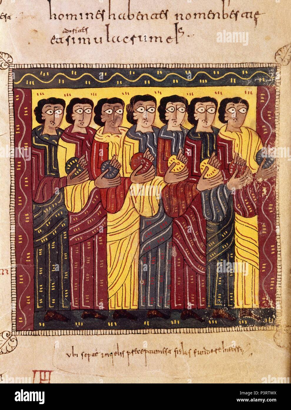 COMENTARIOS AL APOCALIPSIS, SIETE LOS ANGELES CON LAS COPAS - BEATO DEL ESCORIAL - SIGLO X. Autore: Beato di Liébana (c. 730-c. 798). Posizione: MONASTERIO-BIBLIOTECA-COLECCION, San Lorenzo del El Escorial, Madrid, Spagna. Foto Stock