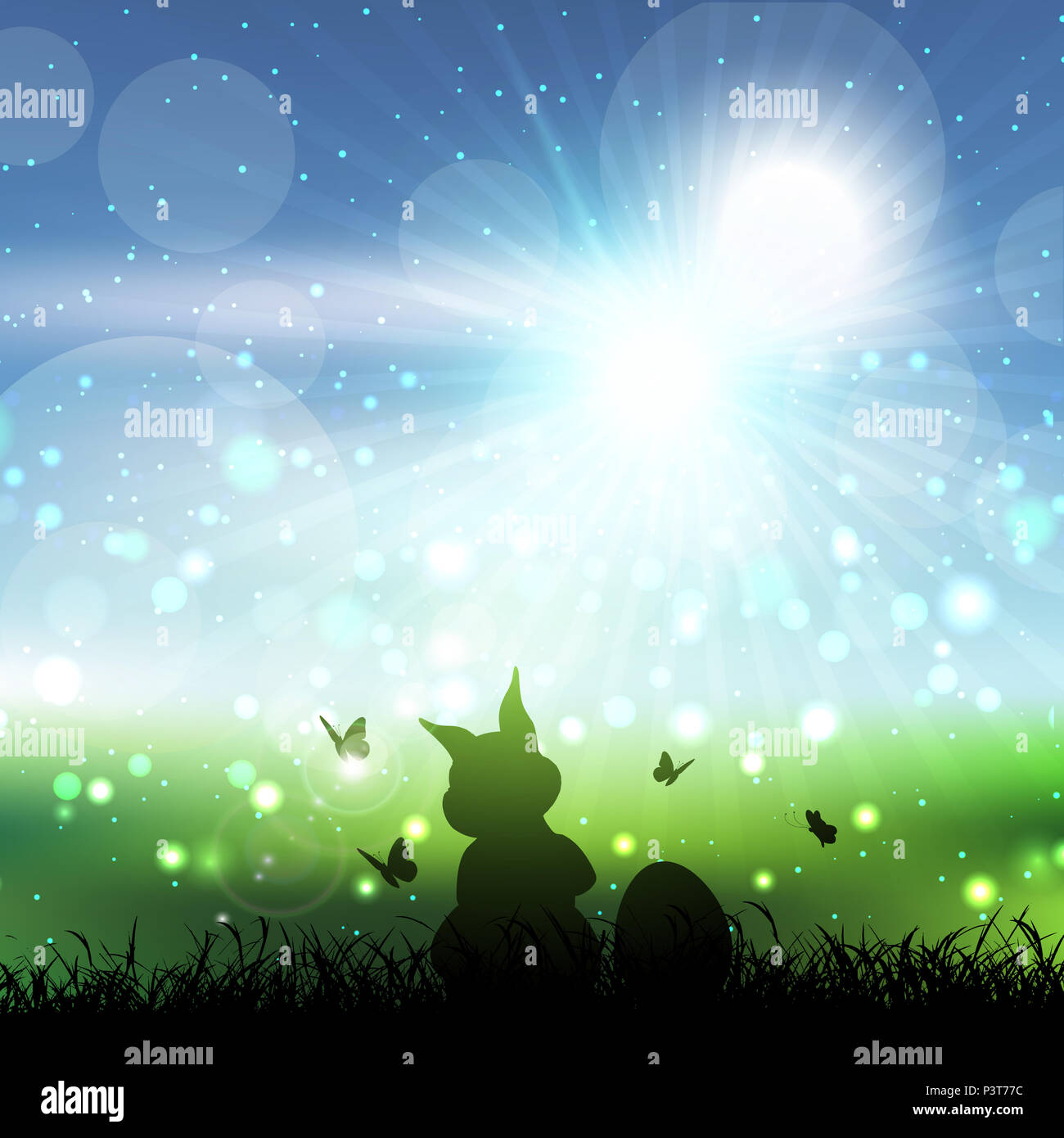 Silhouette di un coniglietto di Pasqua in un paesaggio erboso Foto Stock