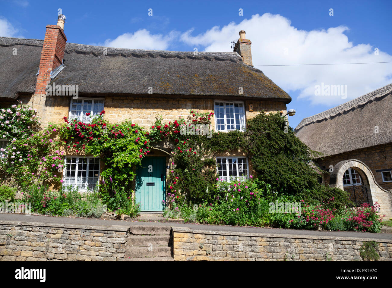 Ricoperto di Rose cottage con tetto in paglia in country village, Ebrington, il Costwolds, Gloucestershire, England, Regno Unito, Europa Foto Stock