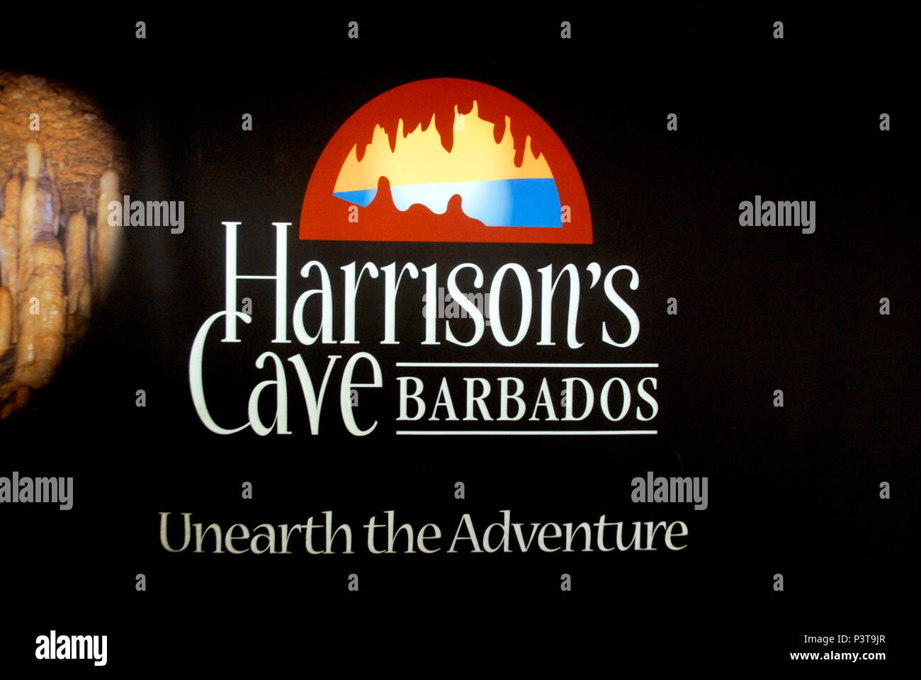 Cartello fuori Harrison Cave, Barbados, Caraibi Foto Stock