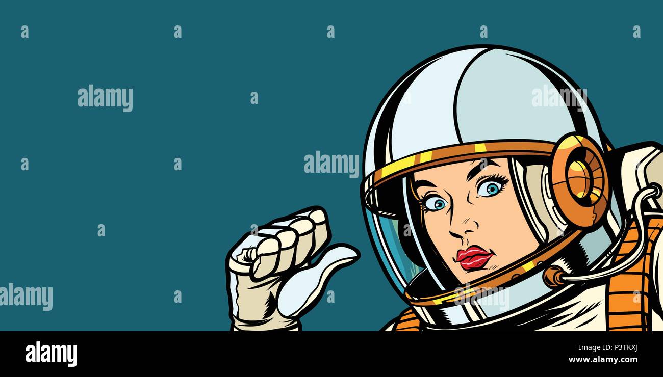 Astronauta donna pugno di puntamento a mano a se stessa Illustrazione Vettoriale