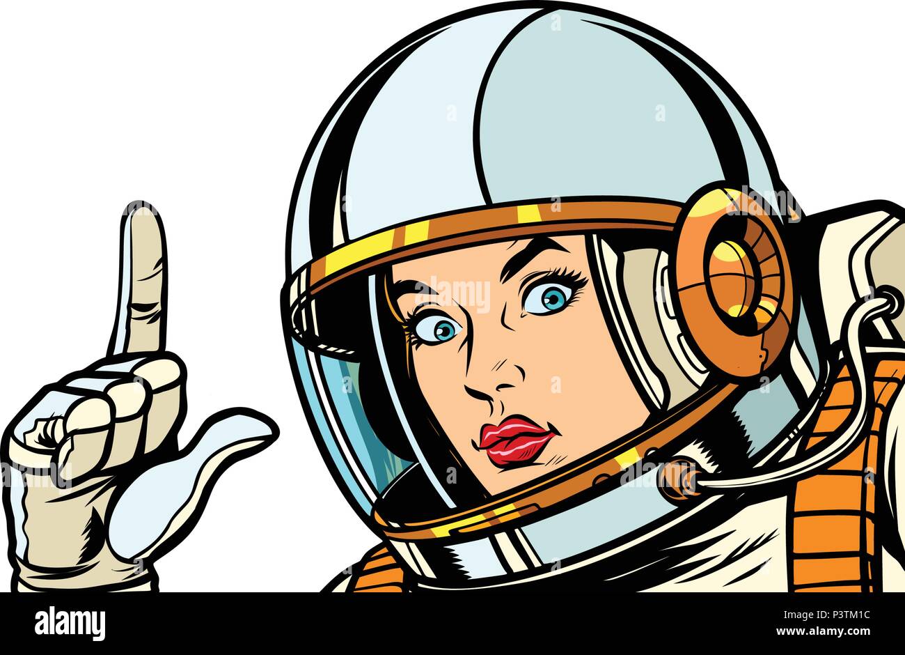 Astronauta donna puntare il dito fino, isolare su sfondo bianco Illustrazione Vettoriale
