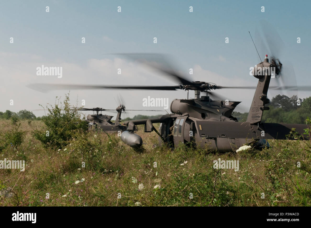 UH-60 elicotteri Blackhawk preparare per il trasporto di forze armate canadesi soldati con il primo battaglione, Royal Ventiduesimo reggimento Esercito e Guardia Nazionale soldati con la 116Calvario Brigade Combat Team per un assalto dell'aria durante la fase di esercizio di Saber custode in terra romena Force Combat Training Center in Cincu, Romania Luglio 31, 2016. Saber Guardian è una multinazionale di esercitazione militare che coinvolge circa 2.800 militari provenienti da nove nazioni tra cui l'Armenia, Azerbaigian, Bulgaria, Canada, Georgia, Moldavia, Polonia, Romania, Ucraina e Stati Uniti Gli obiettivi di questo esercizio sono di buil Foto Stock