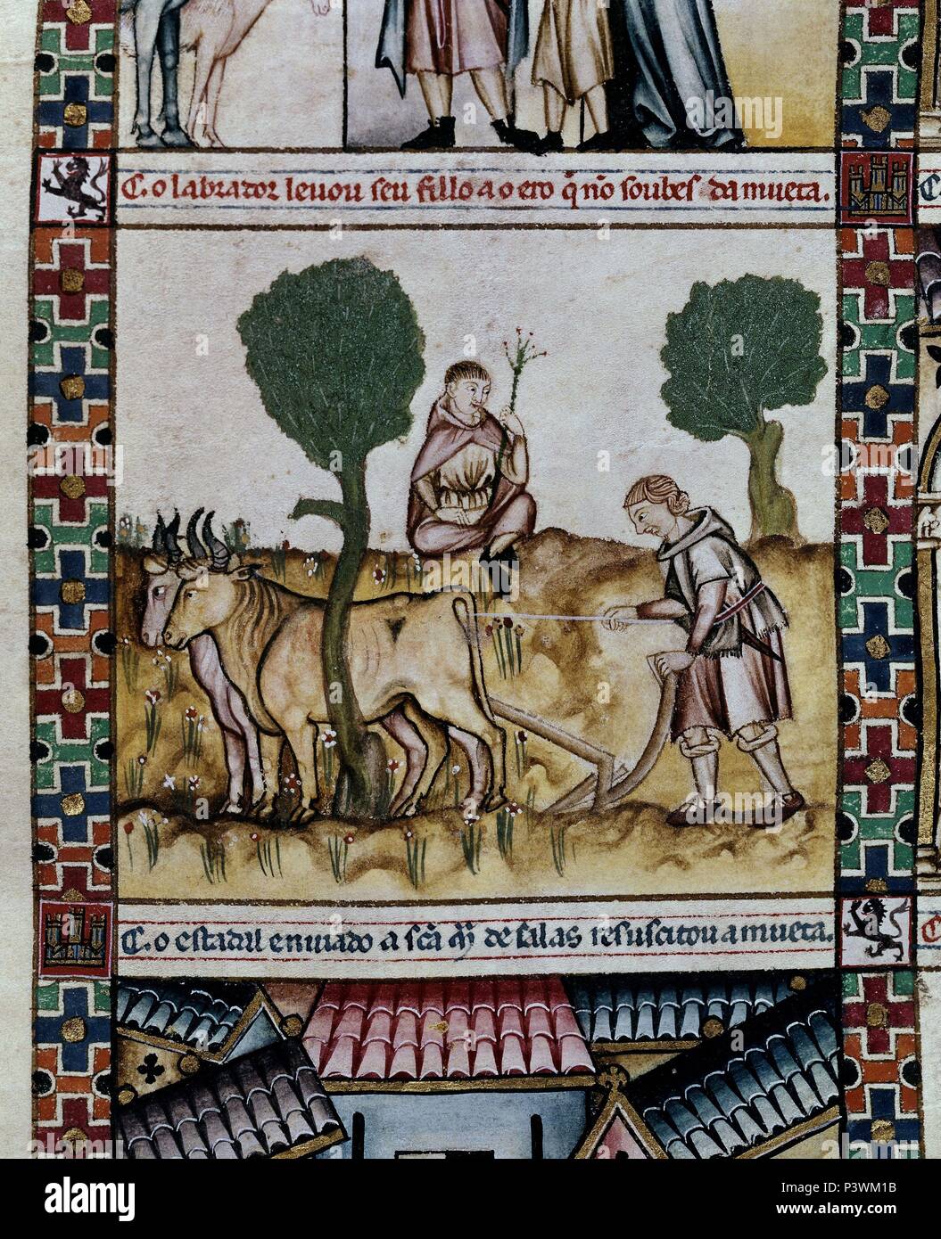 MTI1-CANTIGA sta. Maria Nº178-F237R-C-CAMPESINO DE ALCARAZ ARANDO CON GANADO-MINIATURA S XIII. Autore: Alfonso X di Castiglia il Saggio (1221-1284). Posizione: MONASTERIO-BIBLIOTECA-COLECCION, San Lorenzo del El Escorial, Madrid, Spagna. Foto Stock