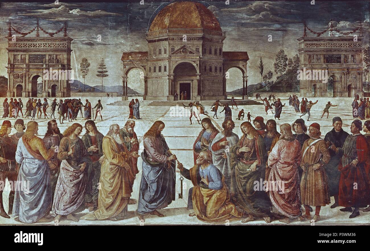 Dando delle Chiavi di San Pietro, dalla Cappella Sistina - 1481 - Affresco  - Rinascimento italiano. Autore: Pietro Perugino (