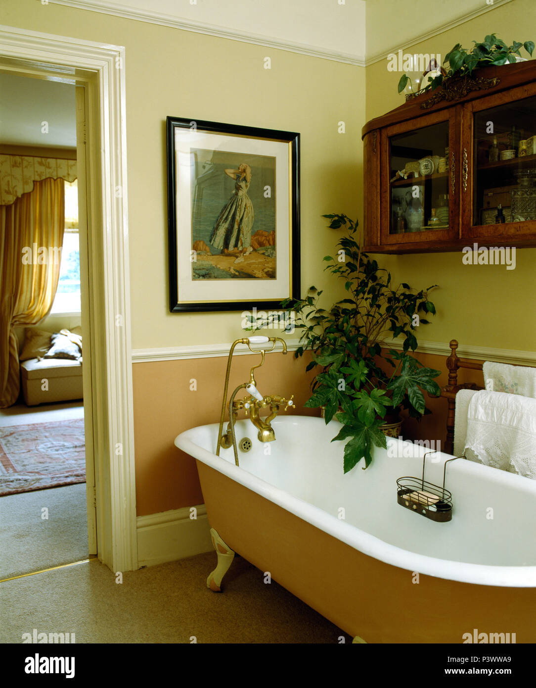Il vetro piccolo armadio anteriore sulla parete sopra il rullo top bagno in stile edoardiano bagno con houseplant verde Foto Stock