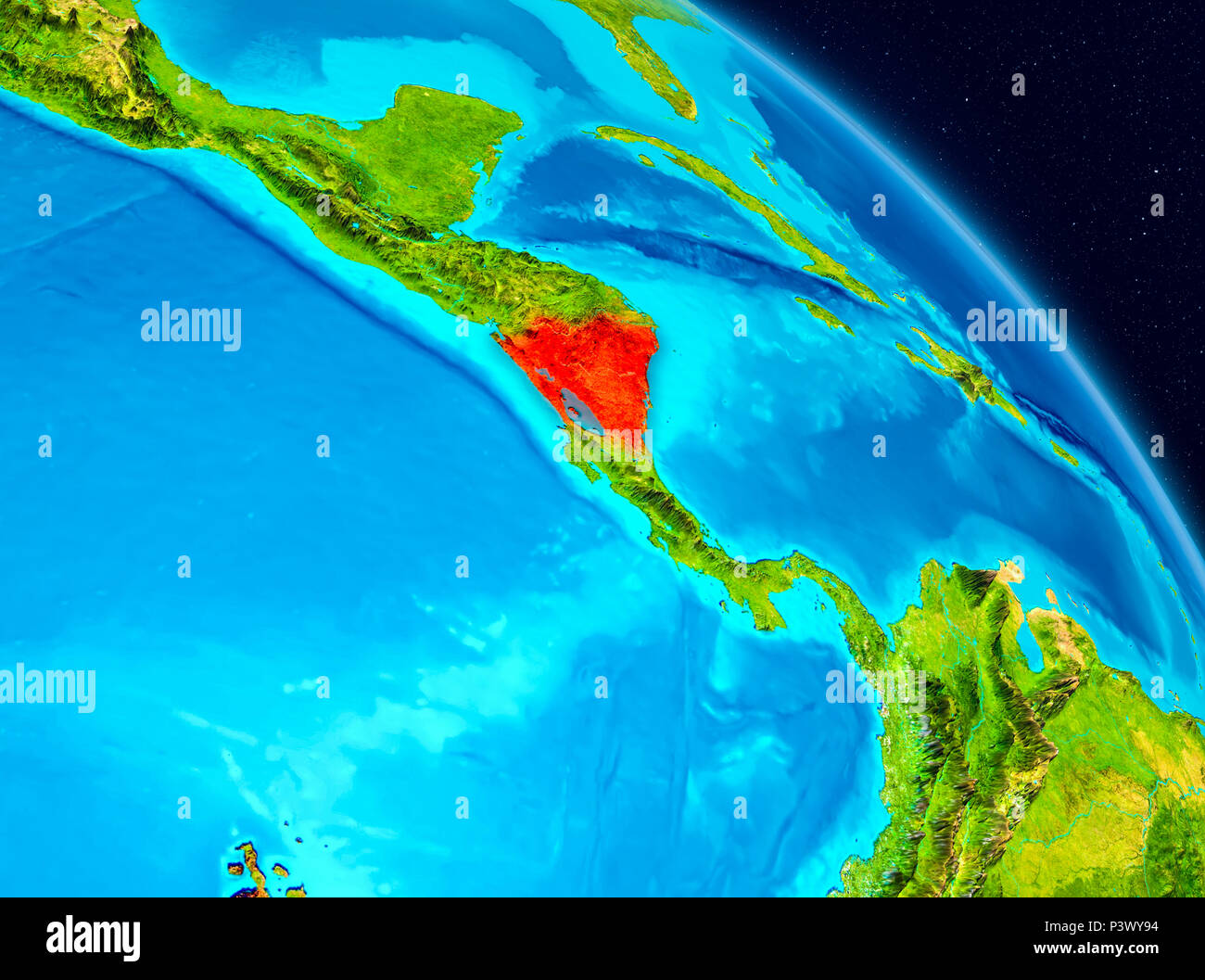 Vista dallo spazio del Nicaragua evidenziata in rosso sul pianeta Terra. 3D'illustrazione. Gli elementi di questa immagine fornita dalla NASA. Foto Stock