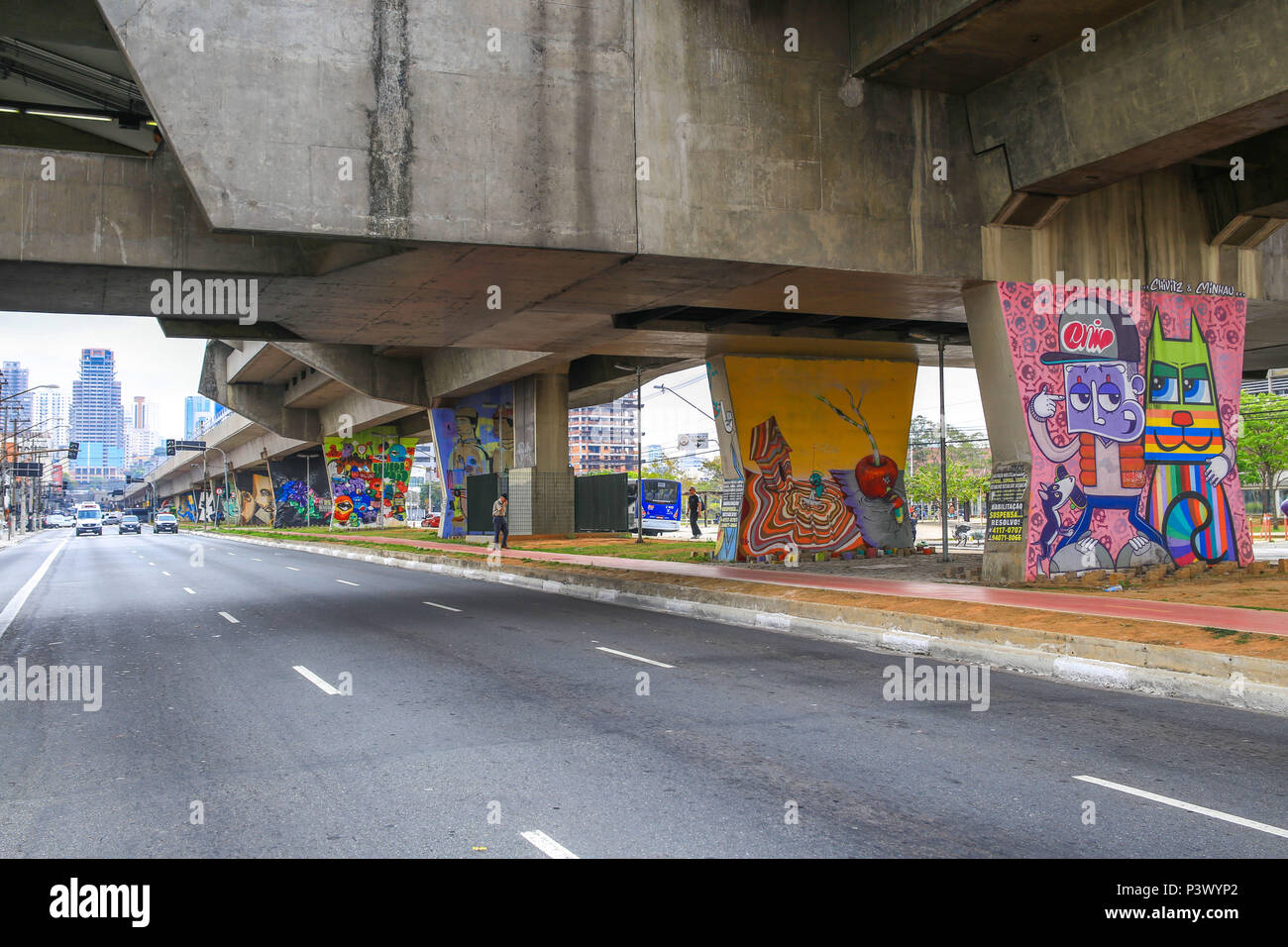 Vista de grafites fare Aberto Museu de Arte Urbana (MAAU-SP), pintados nos pilares que sustentam o trecho elevado da Linha 1-Azul do Metrô na Avenida Cruzeiro do Sul em São Paulo (SP). Foto Stock