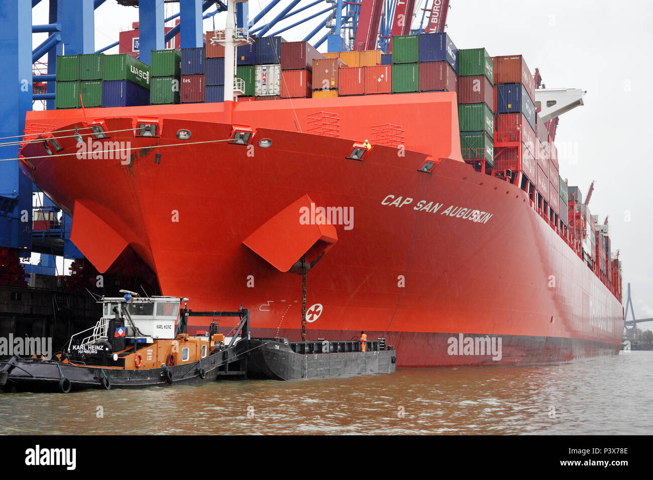 Amburgo, Germania, contenitore tappo nave San Augustin e ponti per container al terminale per container Eurogate nel porto di Amburgo Foto Stock