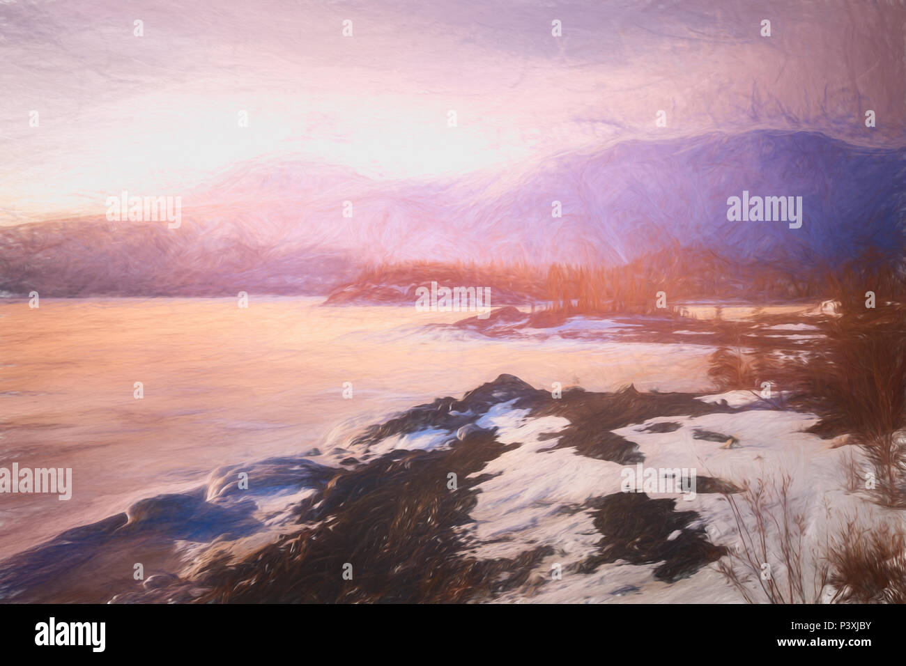Lago ghiacciato tramonto scena Foto Stock