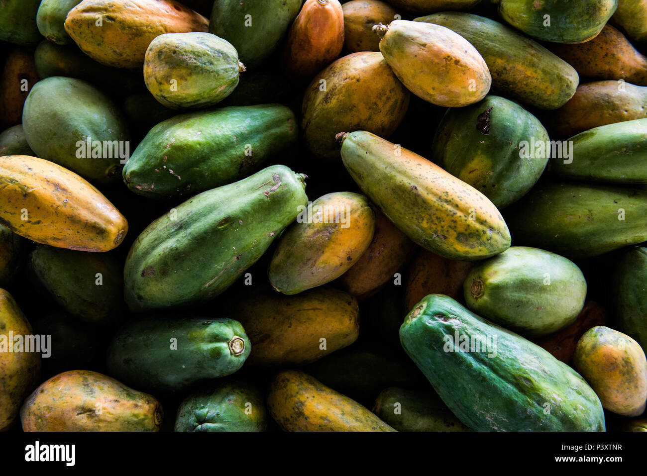 Mamão, papaia, ababaia, Carica papaya, duranti feira de Produtos regionais em Iranduba/AM. Foto Stock