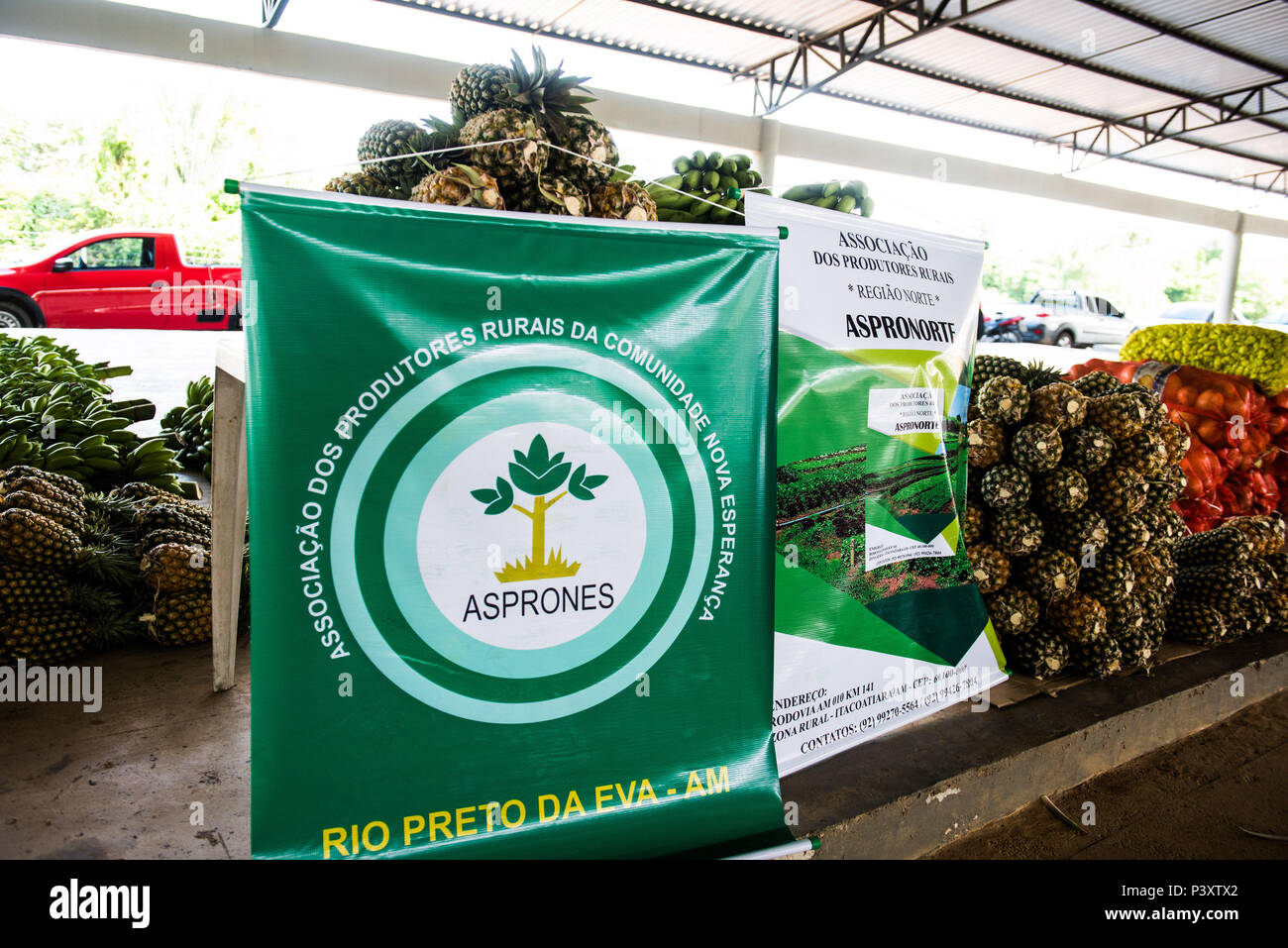 Plaça de associa"o de produtores rurais duranti feira de Produtos regionais em Iranduba/AM. Foto Stock
