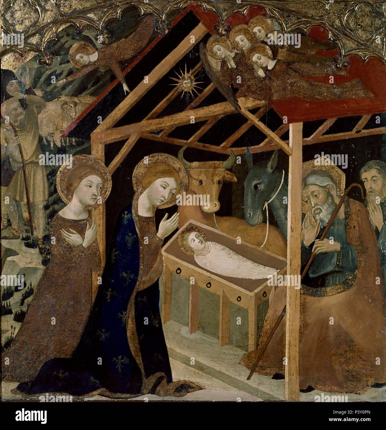 Il Tabla DE LA NATIVIDAD O TABLA DEL NACIMIENTO DEL RETABLO DE LA RESURRECCION DEL SANTO SEPULTURA - 1382 - GOTICO ESPAÑOL. Autore: Jaume Serra (fl. 1356-1390). Posizione: Museo delle Belle Arti, Saragozza, Saragozza Saragozza, Spagna. Foto Stock