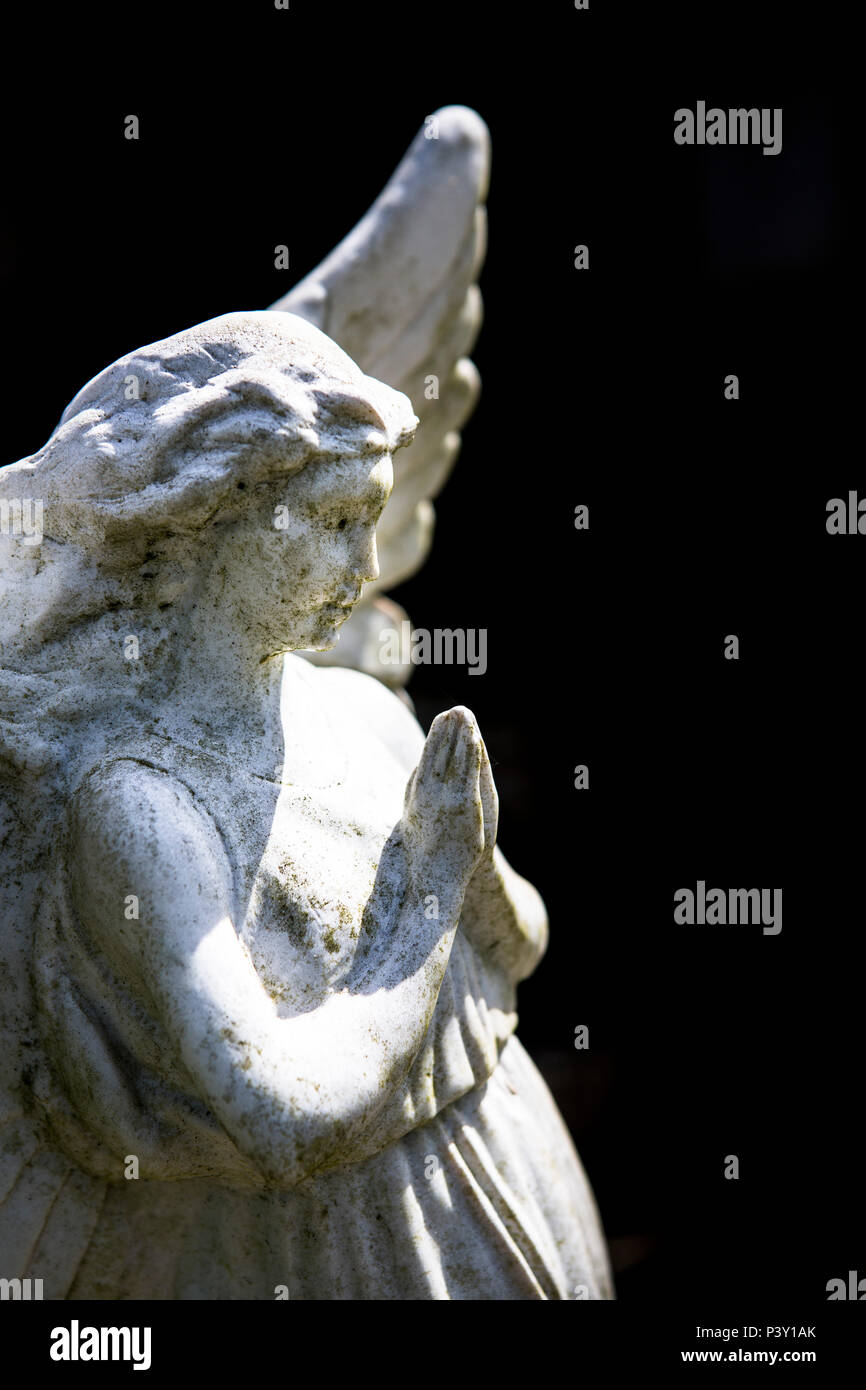 L'iconografia religiosa in un periodo estivo, soleggiato cimitero con una pietra intagliata angelo pregando in una tomba. Foto Stock