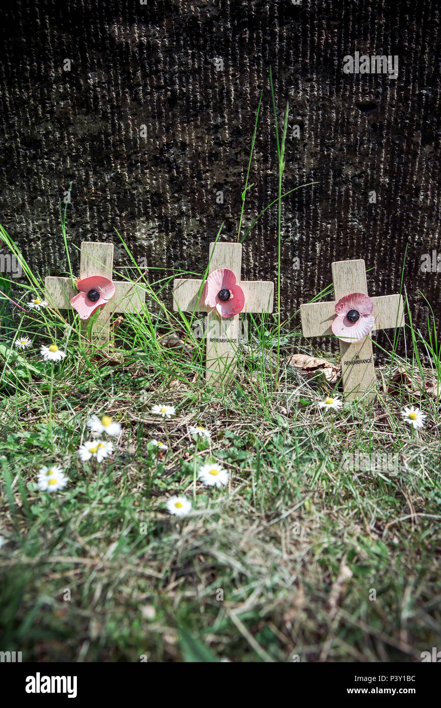 Un tranquillo cimitero nel Regno Unito con piccole croci di legno con papaveri in memoria dei soldati morti durante le guerre in un cimitero nel Regno Unito. Foto Stock