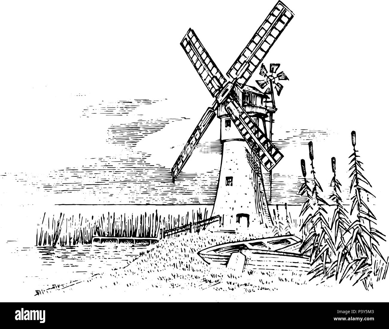 Il mulino a vento di paesaggio in vintage, retrò disegnati a mano o inciso lo stile può essere utilizzare per panetteria ecologico logo, campo di grano con il vecchio edificio. Zone rurali di produzione agricola biologica. Illustrazione Vettoriale. Illustrazione Vettoriale