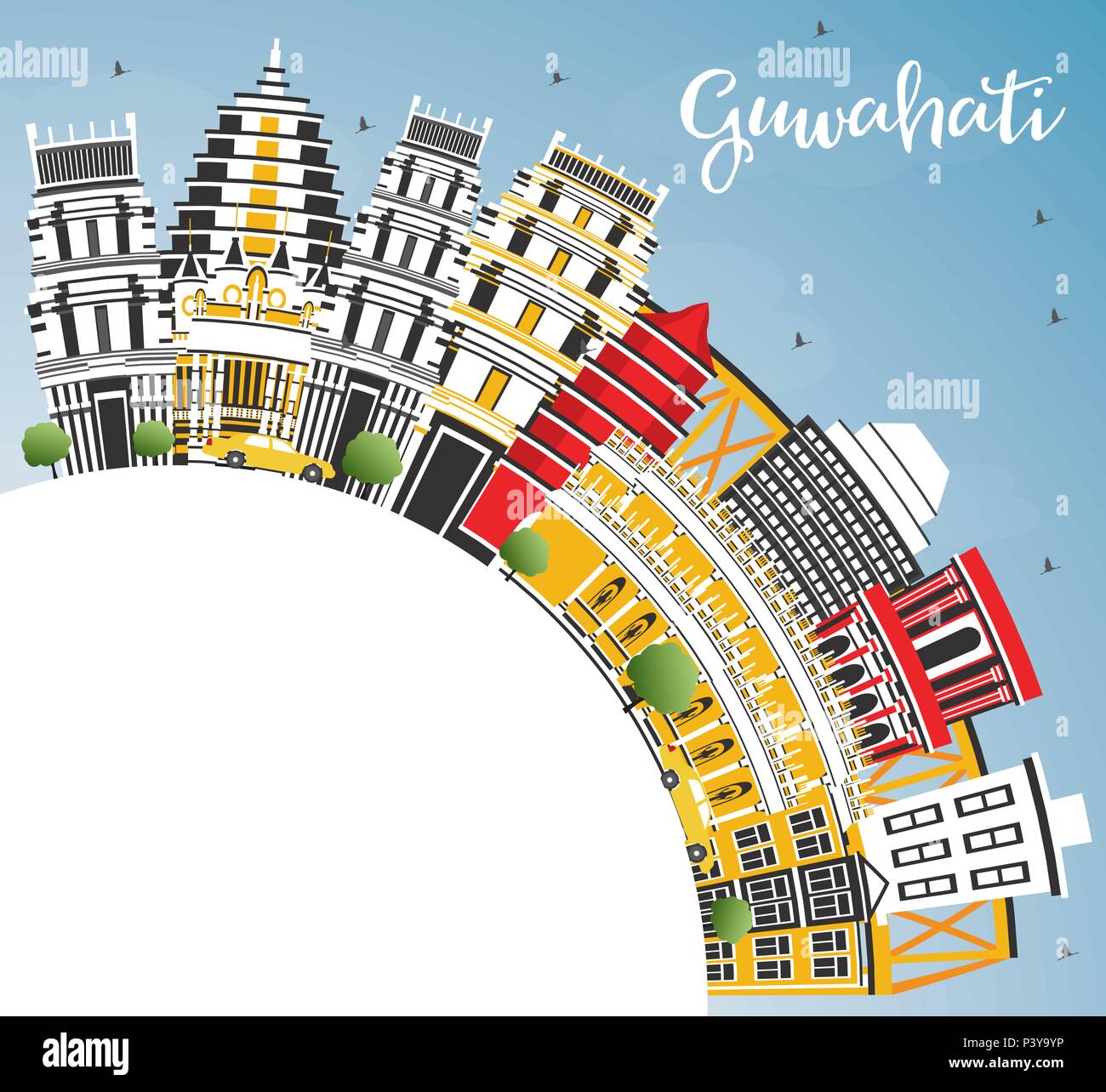 Guwahati India skyline della città con edifici di colore, il blu del cielo e spazio di copia. Illustrazione Vettoriale. Viaggi di affari e turismo Concept Illustrazione Vettoriale
