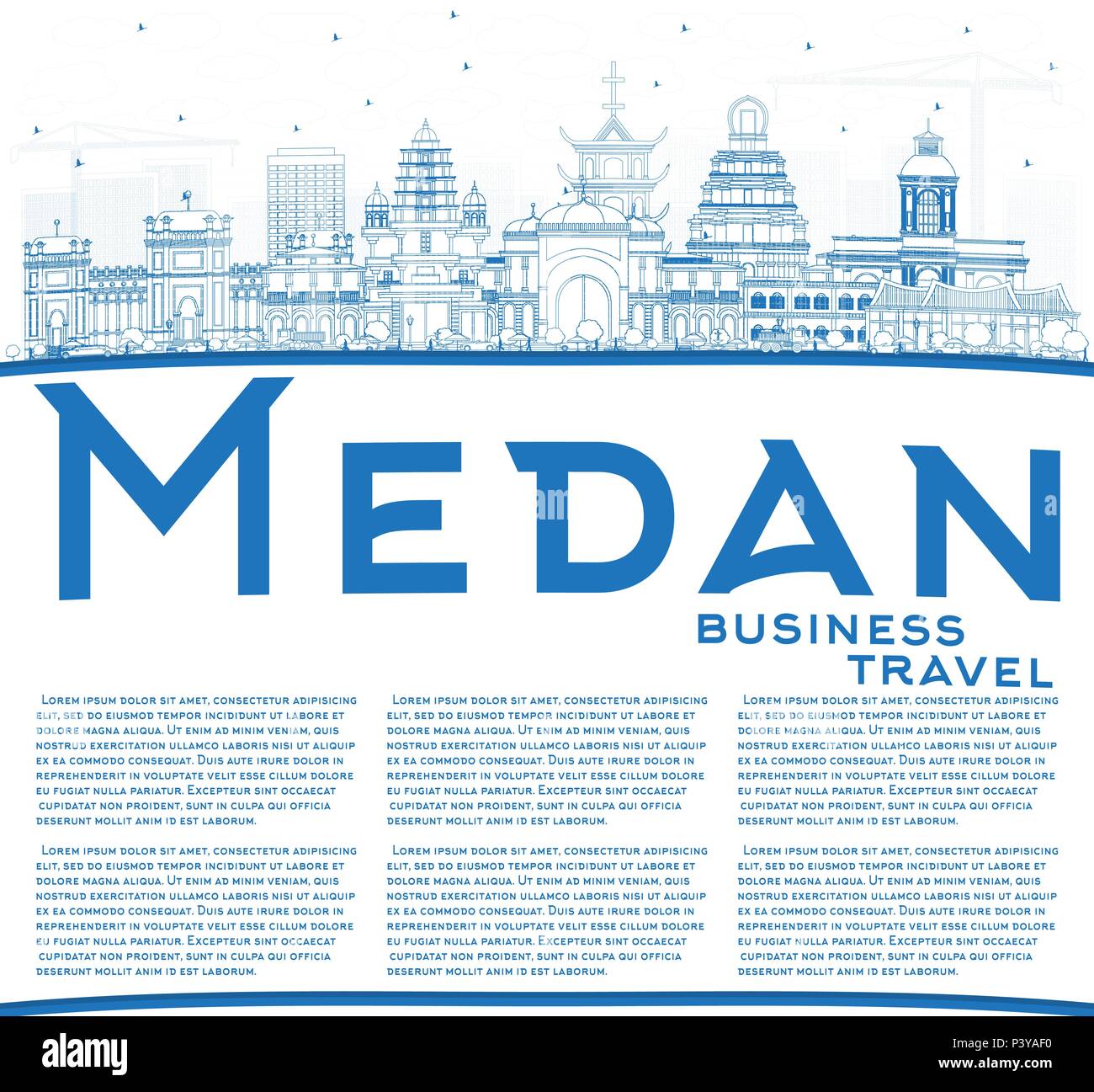 Profilo di Medan, Indonesia skyline della città con edifici blu e copia di spazio. Illustrazione Vettoriale. Viaggi di affari e turismo Concept Illustrazione Vettoriale