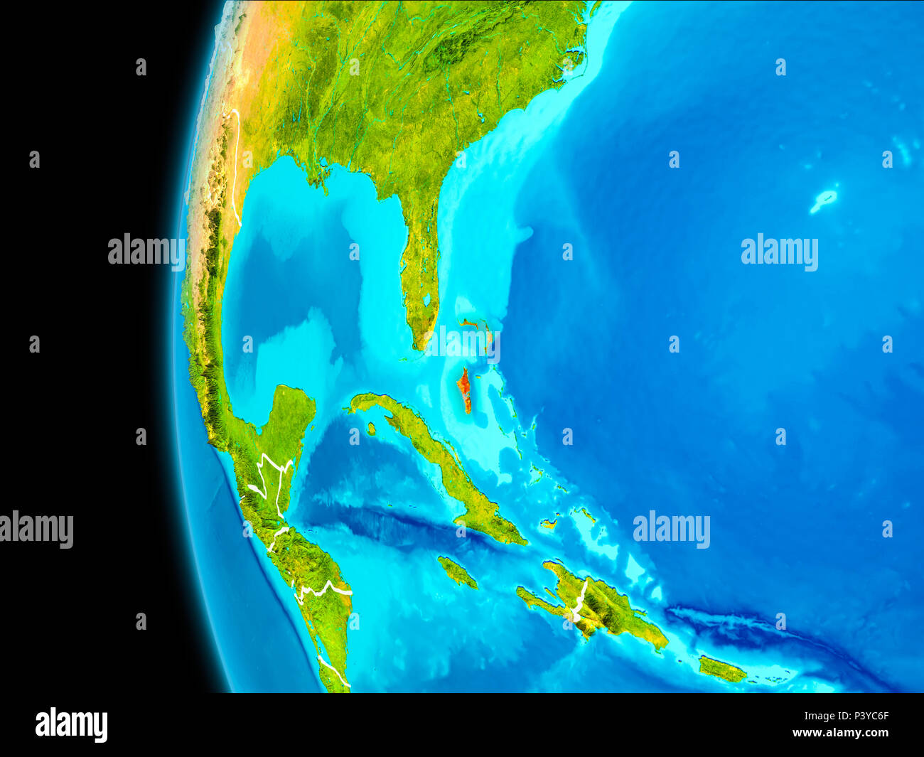 Bahamas come visto da orbita terrestre sul pianeta terra evidenziata in rosso con confini visibili. 3D'illustrazione. Gli elementi di questa immagine fornita dalla NASA. Foto Stock
