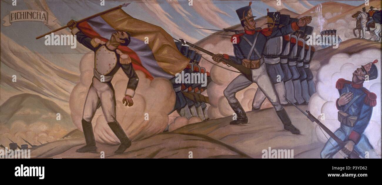 BATALLA DE PICHINCHA el 24 de mayo DE 1822 ENTRE EL EJERCITO INDEPENDENTISTA Y EL EJERCITO realista. Posizione: Colegio Eloy Alfaro, Quito, ECUADOR. Foto Stock