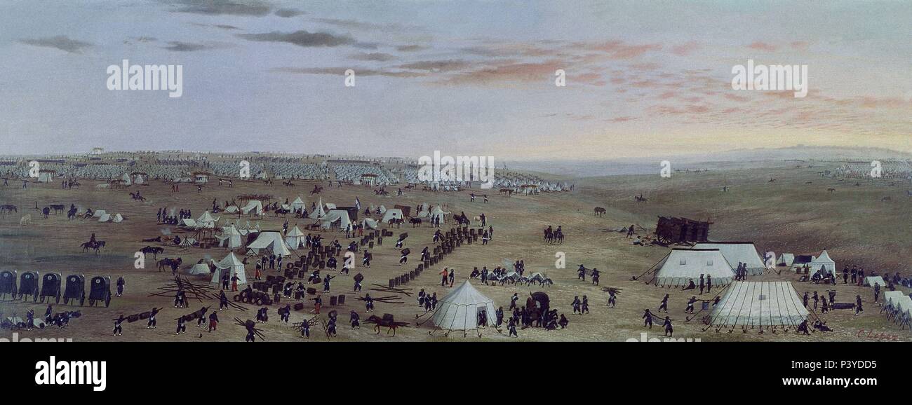 L'Uruguaiana Camp, Rio Grande, 1865 -1876/85 - Olio su tela - 41,5 x 109 cm. Autore: Cándido López (1840-1902). Posizione: Il MUSEO HISTORICO NACIONAL, BUENOS AIRES. Noto anche come: CAMPAMENTO ARGENTINO FRENTE A URUGUAYANA-18 de septiembre de 1865 IMPERIO DEL BRASIL PROVINCIA DE RIO GRANDE. Foto Stock