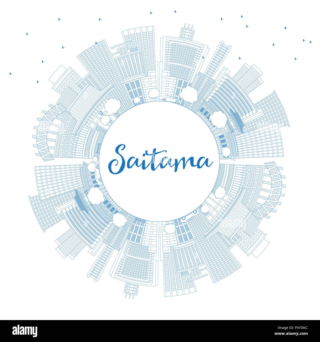 Delineare Saitama Giappone skyline della città con edifici blu e copia di spazio. Illustrazione Vettoriale. Illustrazione Vettoriale