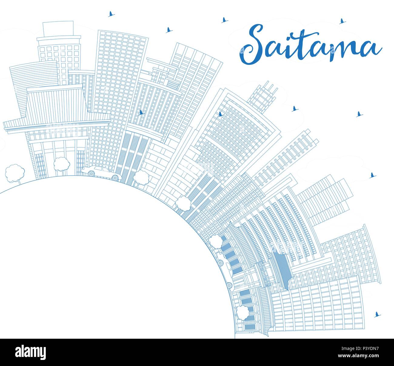 Delineare Saitama Giappone skyline della città con edifici blu e copia di spazio. Illustrazione Vettoriale. Illustrazione Vettoriale