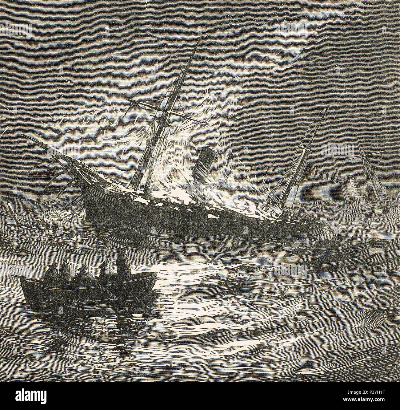 Una nave sul fuoco in mare del XIX secolo illustrazione Foto Stock