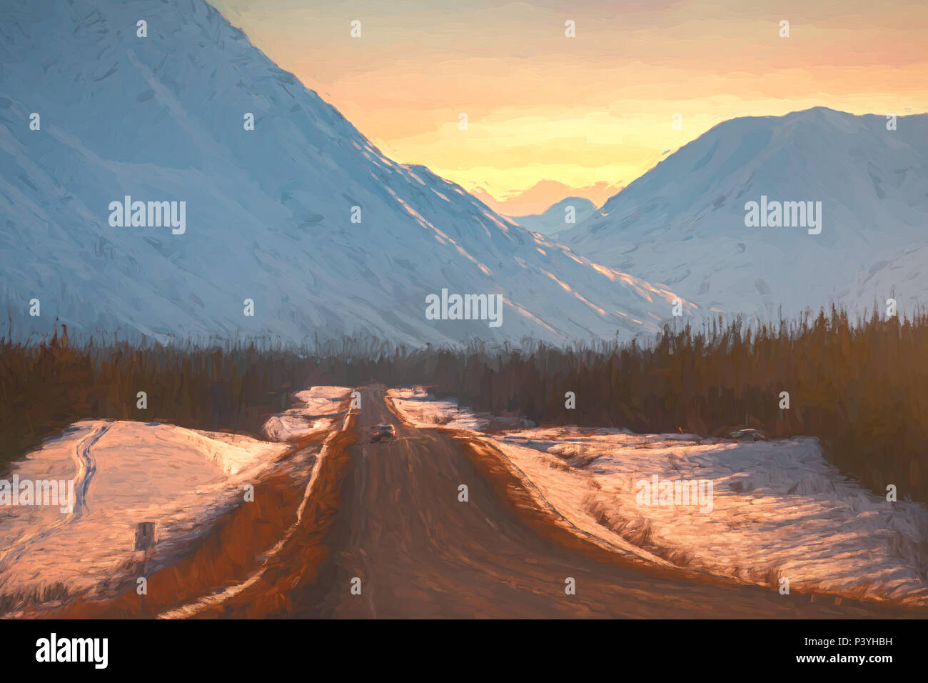 Solo viaggio in auto al tramonto Yukon Canada Foto Stock