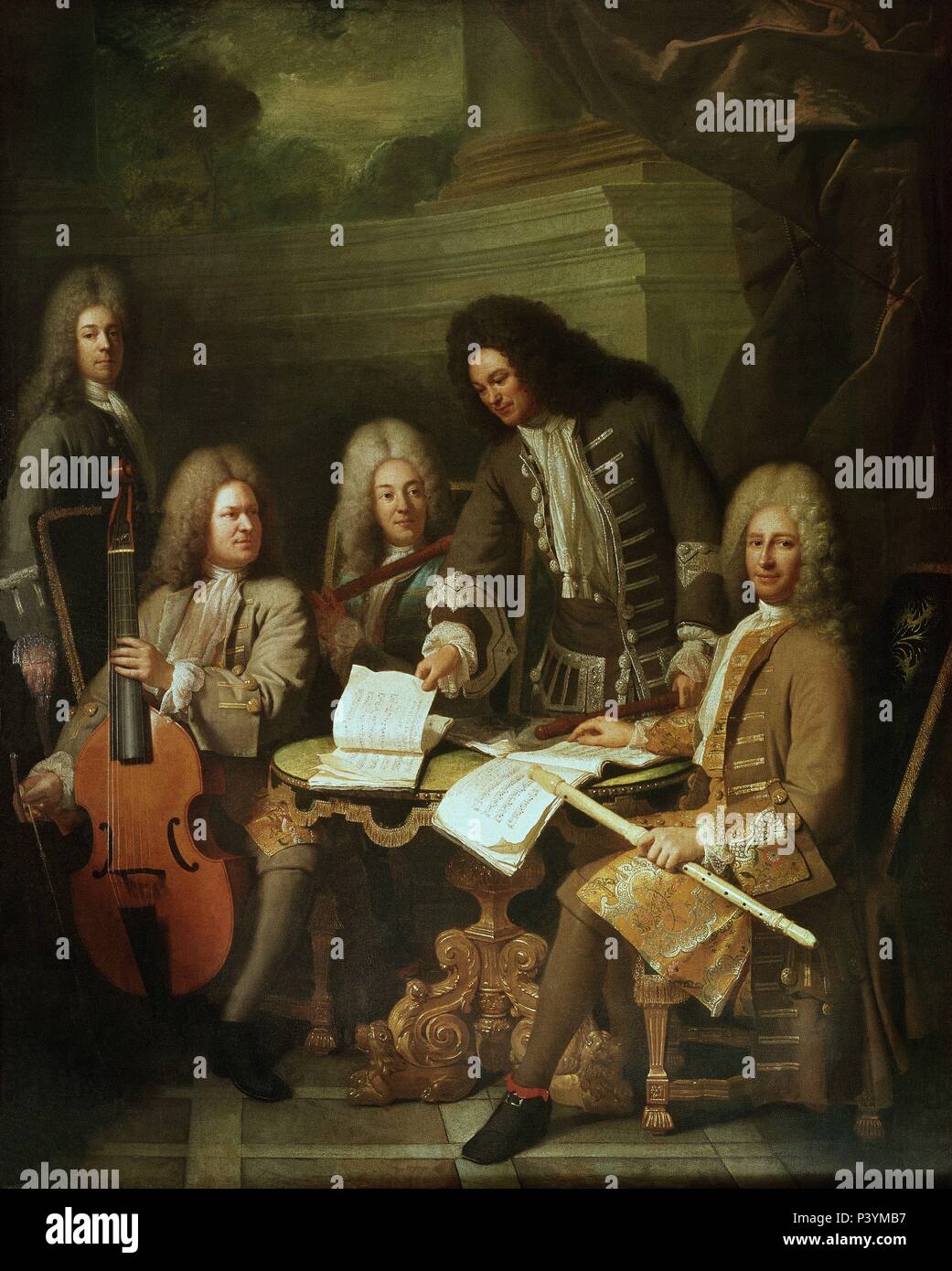 Scuola di francese. Lully, la barre ed altri musicisti. Londra, la galleria dei ritratti. Autore: André Bouys (1656-1740). Posizione: National Portrait Gallery di Londra, Inghilterra. Foto Stock