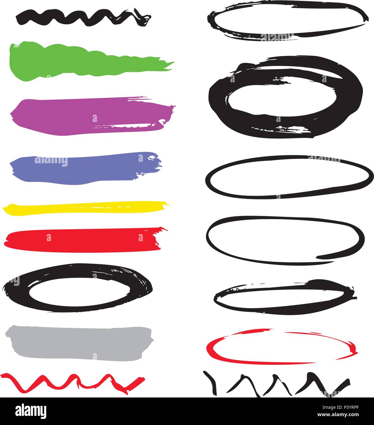 Set di disegnato a mano i confini di linea, schizzo tratti, gli scarabocchi ed elementi di design. Doodle style spazzole. Disegno a mano tratti, cerchi, divisori. Marcatori Illustrazione Vettoriale