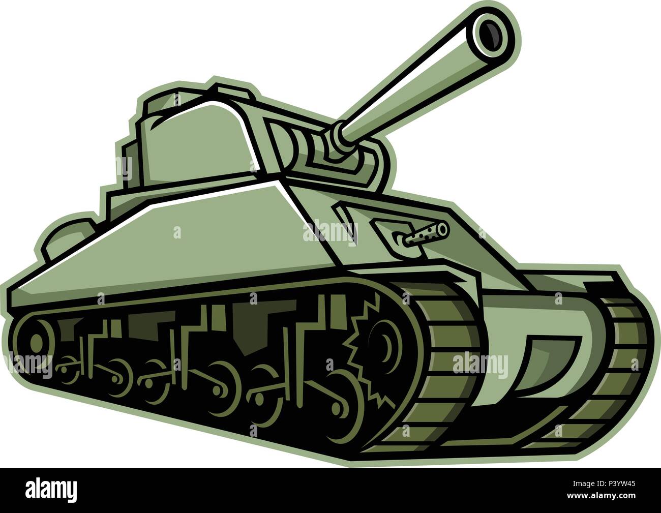 Icona di mascotte illustrazione di un M4 Sherman, il mezzo più utilizzato il serbatoio da parte degli Stati Uniti e degli alleati occidentali nella II Guerra Mondiale vista dal basso Illustrazione Vettoriale