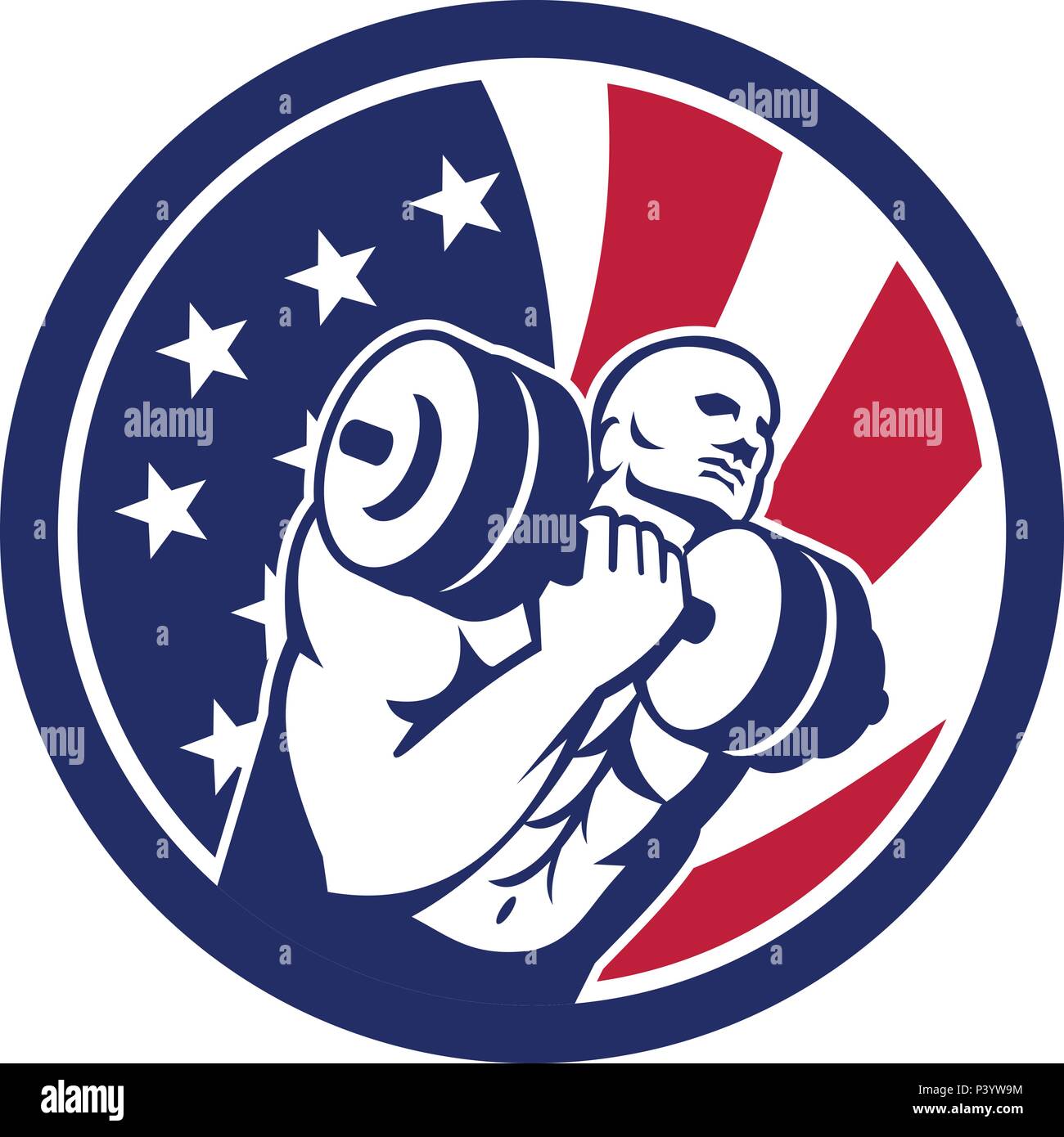 Icona di stile retrò illustrazione di un American palestra fitness circuito con atleta di sollevamento pesi e Stati Uniti d'America USA star lamas banner Illustrazione Vettoriale