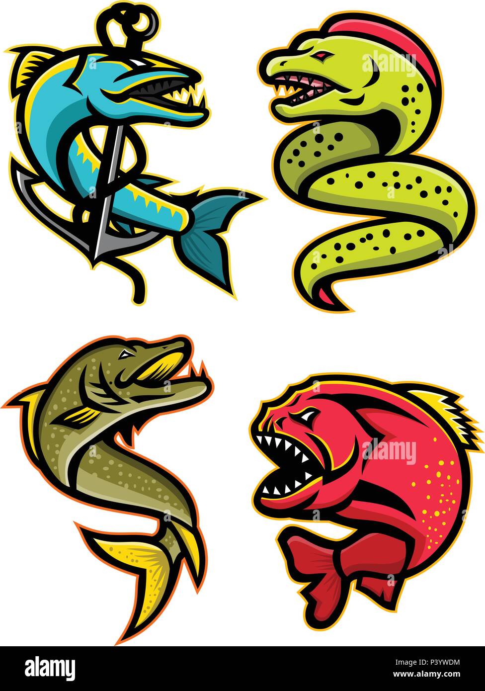 Icona di mascotte illustrazione set di feroci e temibili pesci come la barracuda, murene, luccio del nord o muskellunge pesce, il piranha, pirana o Illustrazione Vettoriale
