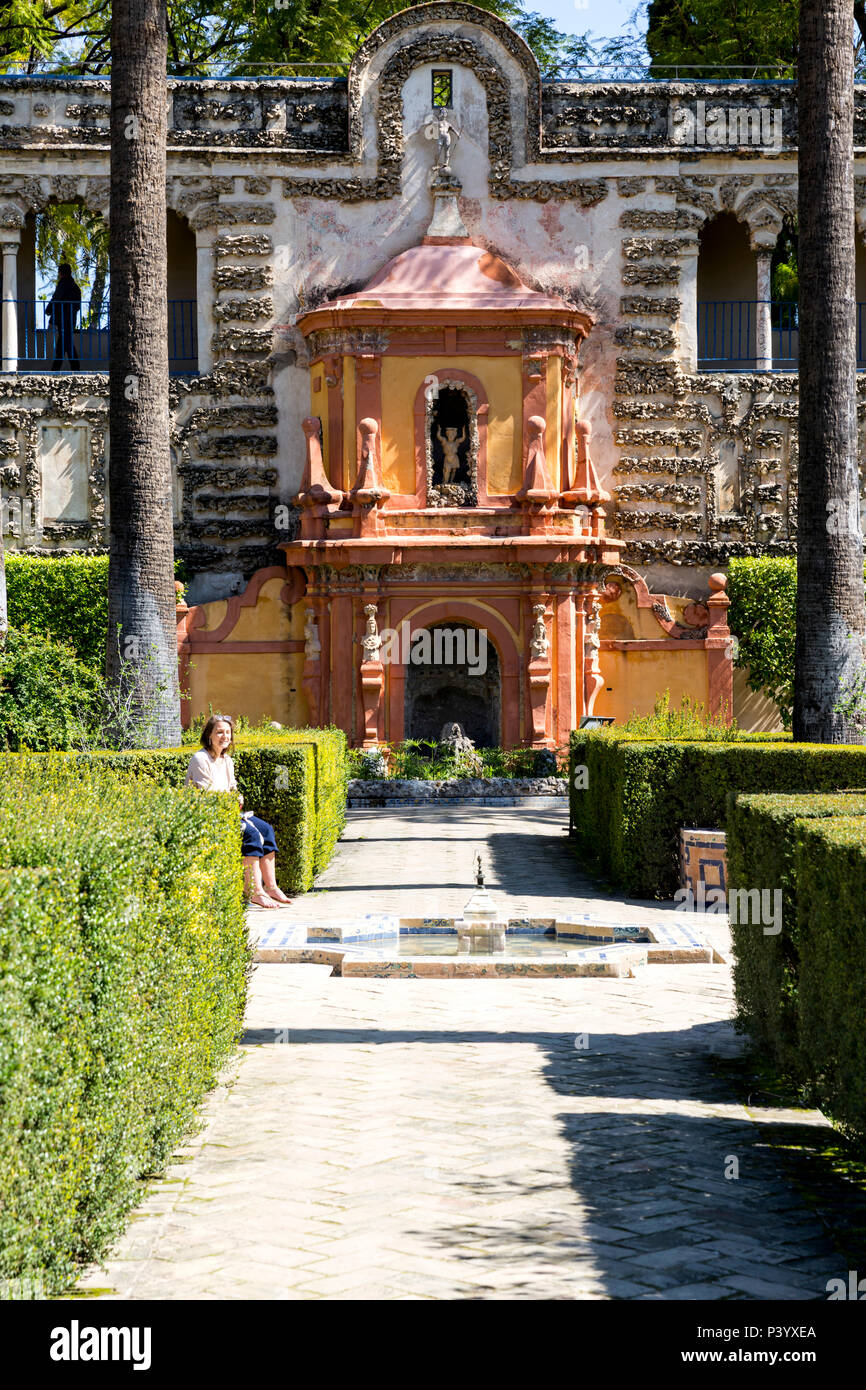 I Reales Alcazares giardini, Reales Alcázares de Sevilla, Sevilla, Andalusia, Spagna Foto Stock