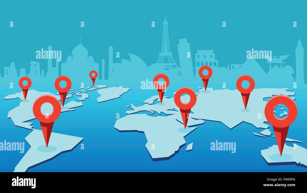 Mappa del mondo con estrema marchi e palazzi sullo sfondo. Viaggi e concetto di comunicazione Illustrazione Vettoriale