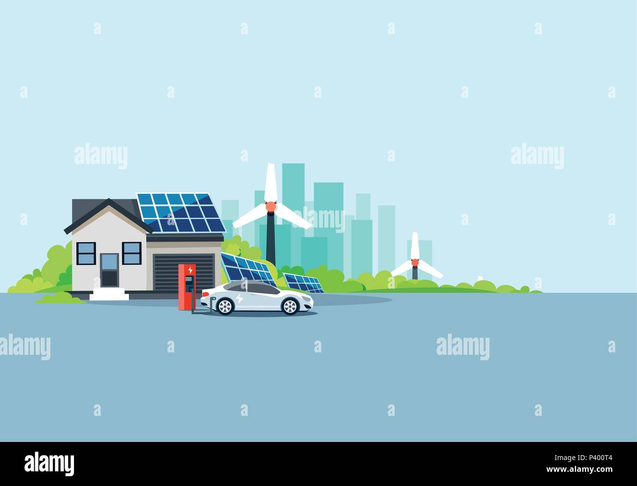 Appartamento illustrazione vettoriale di un auto elettrica alla stazione di carica parcheggiata vicino a casa con i pannelli solari e le turbine eoliche di produzione di energia elettrica. Illustrazione Vettoriale