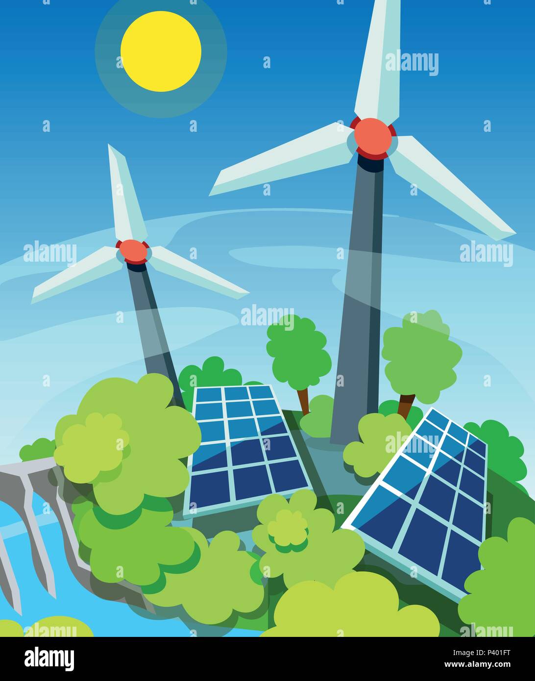 Energia verde. Pannelli solari, generatori di vento e la centrale idroelettrica. Eco Friendly concetto tecnologico Illustrazione Vettoriale