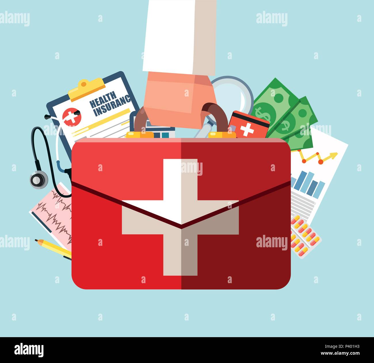 Assicurazione sanitaria concetto. Kit di primo soccorso medico in mano. Illustrazione Vettoriale in design piatto. Assistenza medica. Servizi di emergenza Illustrazione Vettoriale