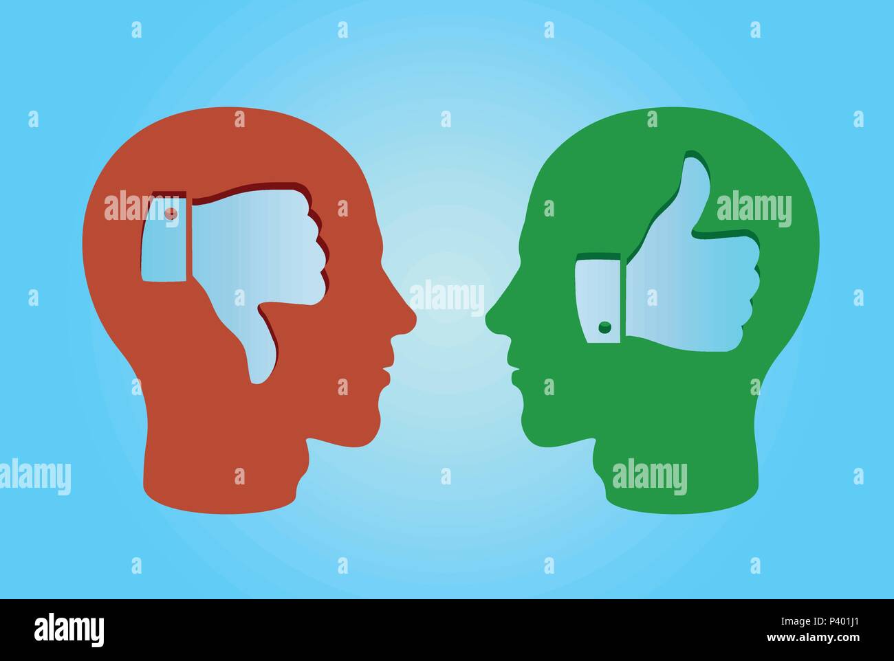 Il profilo laterale di due uomini con le dita e il pollice verso il basso i simboli a mano entro la testa isolata su sfondo blu Illustrazione Vettoriale