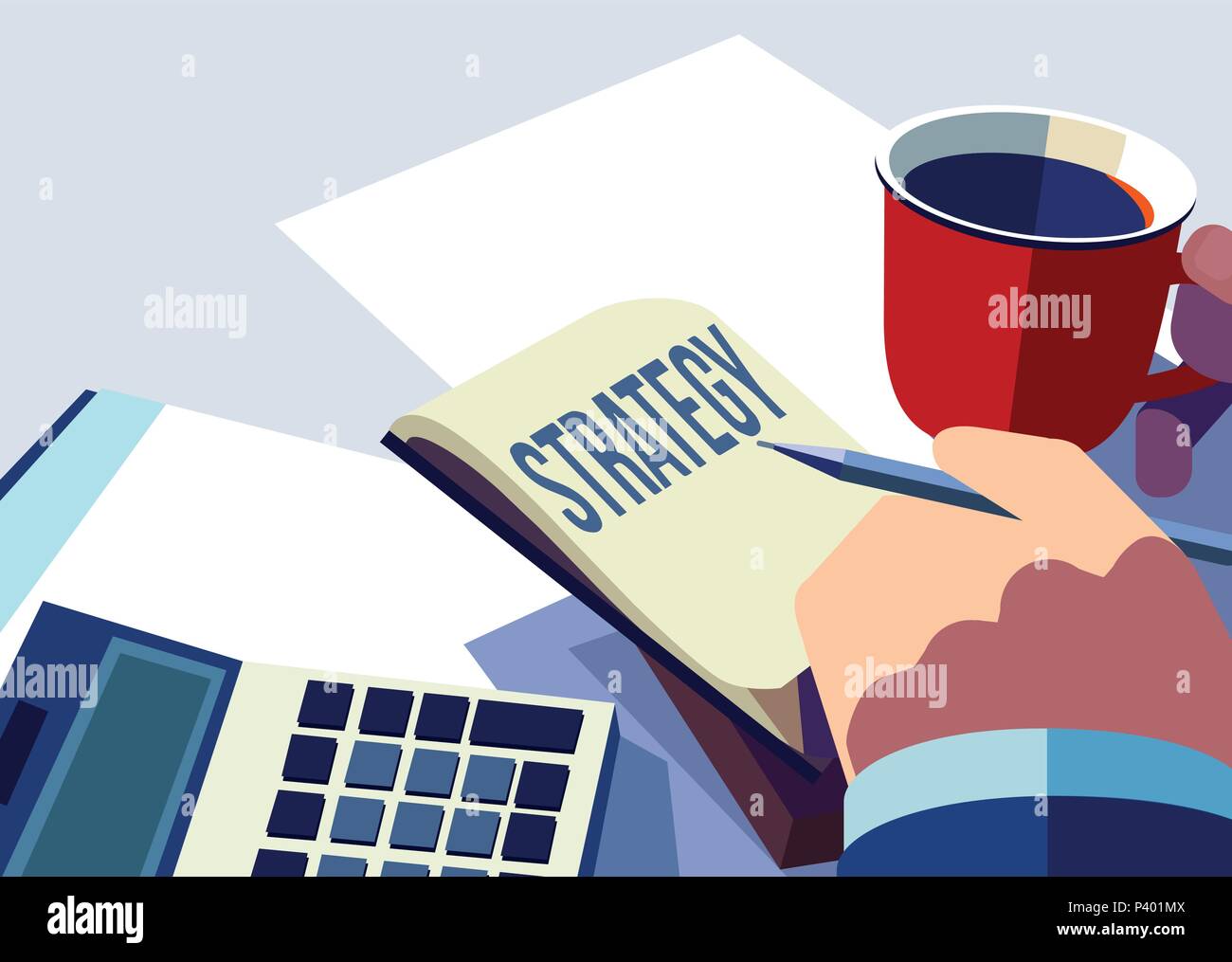 La strategia aziendale concetto di brainstorming. Illustrazione Vettoriale di imprenditore mano seduto in un ufficio a tavola la pianificazione Illustrazione Vettoriale